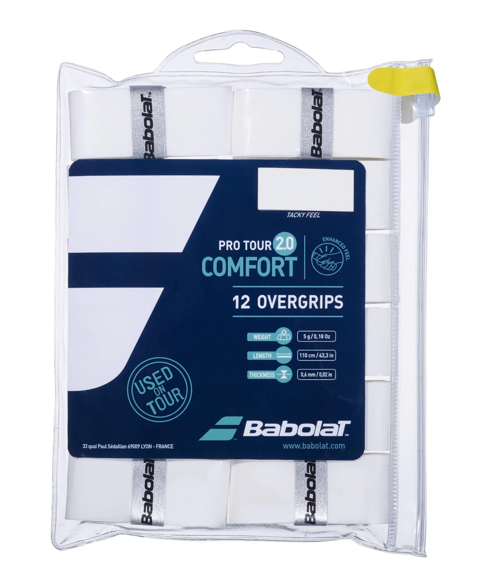 The Babolat Pro Tour 2.0 Comfort Badminton Overgrip 12 Pack in white, encased in a clear plastic pouch, showcases the phrases "Tacky Feel" and "Used on Tour." Designed for advanced players, the packaging emphasizes its weight, length, and thickness specifications to enhance performance.