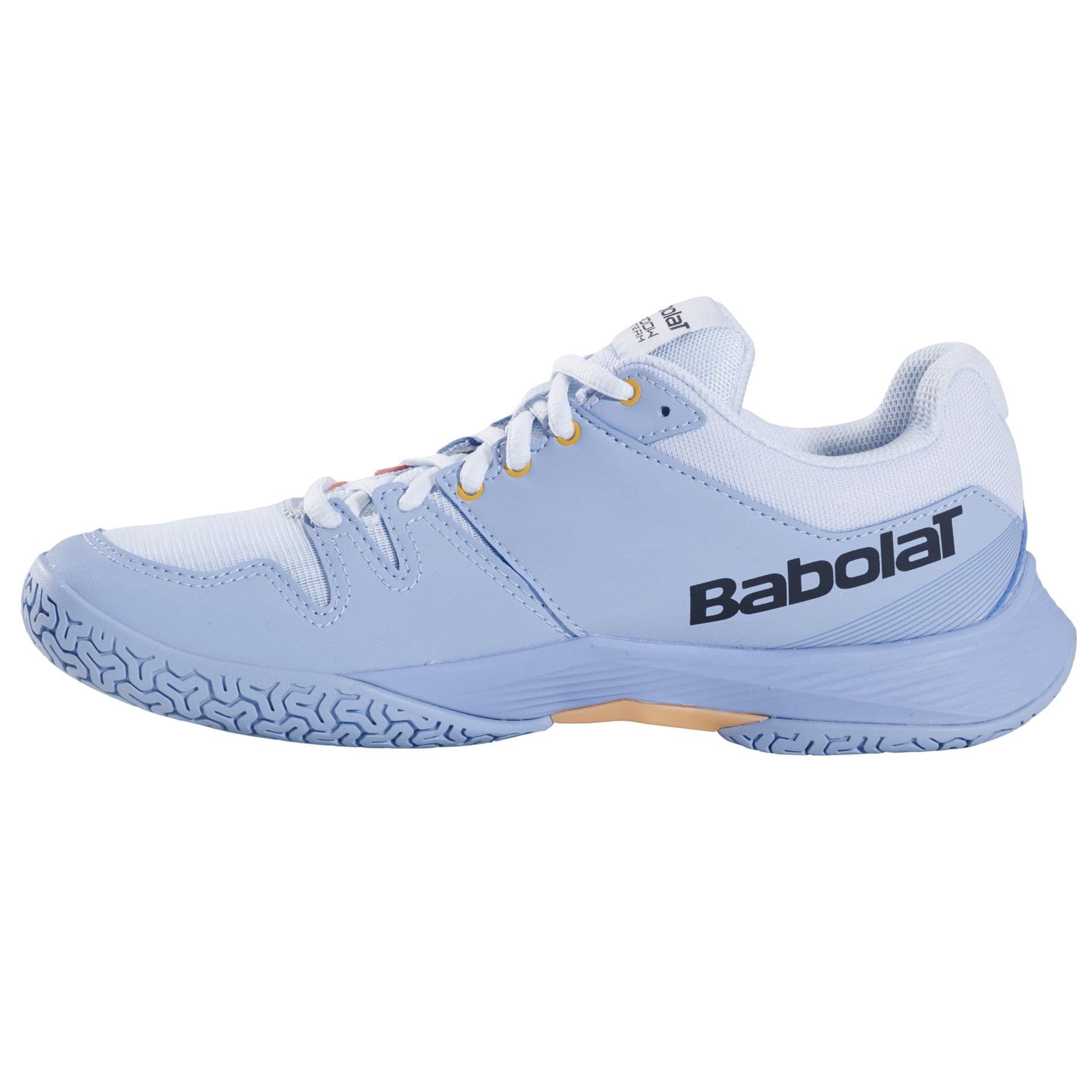 The Babolat Shadow Team 2 Women's Badminton Shoes in light blue feature the iconic "Babolat" branding on the side and are designed to resemble their tennis shoe counterpart. They come equipped with a Michelin rubber sole for superior grip and white laces, making them perfect for both tennis and badminton players.