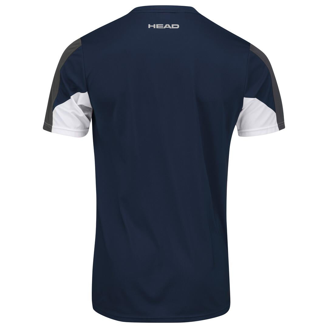 The HEAD Club 22 Men's Tech Badminton T-Shirt in dark blue is an athletic tee with stylish color-blocked inserts in white and gray on the sleeves. It features a classic crew neck design, with the brand "HEAD" printed in white on the upper back, and is equipped with moisture-wicking technology for enhanced comfort.