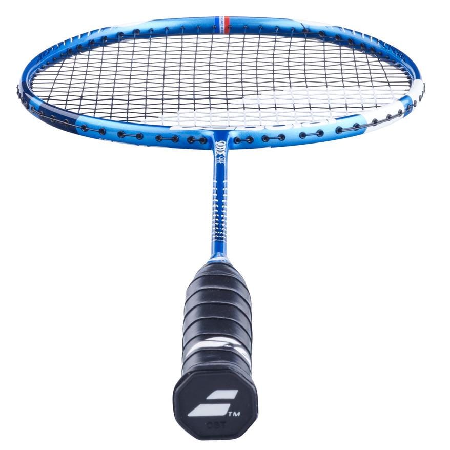 The Babolat Satelite Spire Badminton Racket - Blue, engineered by Babolat and equipped with Shot Optimizer technology, showcases a blue frame paired with black strings and grip when viewed from the handle end. Its design is enhanced by white accents and includes a logo on the base of the handle.