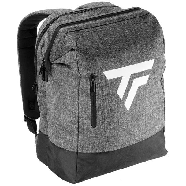 The Tecnifibre All Vision Badminton Backpack - Grey, ideal for racquet sports, is designed with a gray color scheme, complemented by a black base and adorned with a white geometric logo. It includes features such as a wide-angle opening, two main compartments with zipper closures, and padded shoulder straps for added comfort.