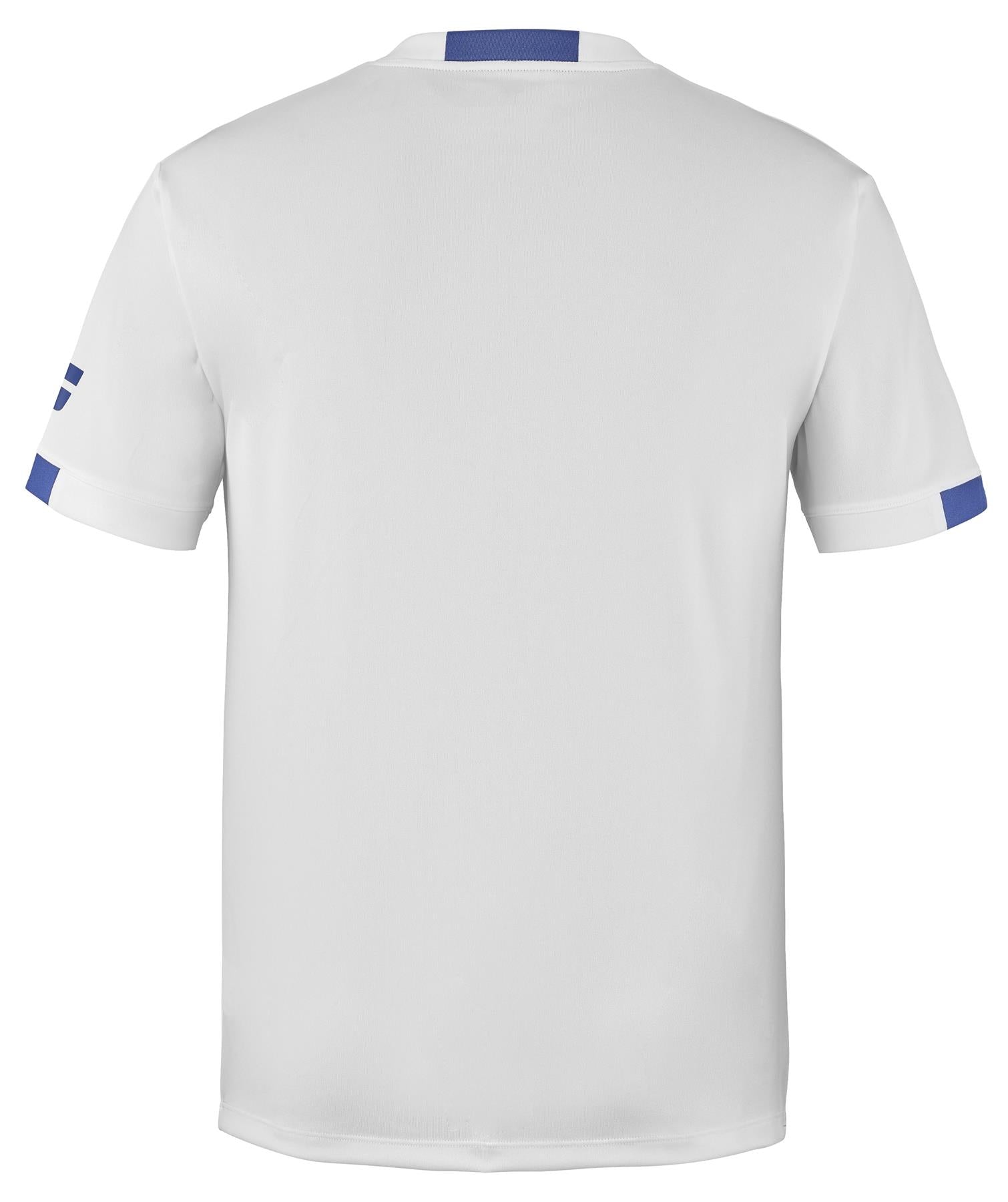 The Babolat Play Men's Crew Neck Badminton T-Shirt in white features a simple, short-sleeve design made from Fiber Dry-polyester for superior breathability, with a small blue rectangular detail on the sleeves and collar.