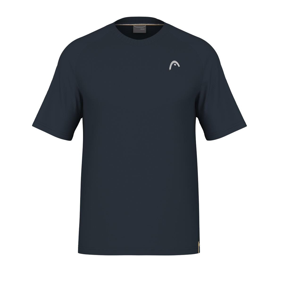 The HEAD Performance Men's Badminton T-Shirt in navy is a short-sleeve design featuring a subtle white logo near the left shoulder. It has a round neckline and incorporates moisture-transfer microfibre for enhanced comfort, giving the fabric a smooth and slightly fitted appearance.