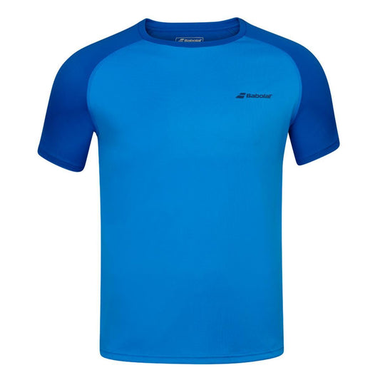 The Babolat Play Crew Neck Men's Badminton T-Shirt in Blue Aster features a darker blue sleeve design and a small chest logo. Made from Fiber Dry-polyester, this breathable piece is perfect for both sports and casual wear.