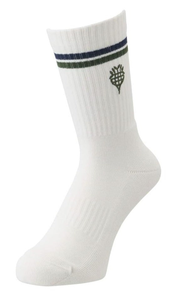 The Yonex Nature Series 19215 Badminton Socks in Off White showcase a ribbed texture with two green and blue stripes at the top, complemented by an embroidered green stylized leaf pattern on the side. Made from recycled polyester, these socks are both stylish and eco-conscious.