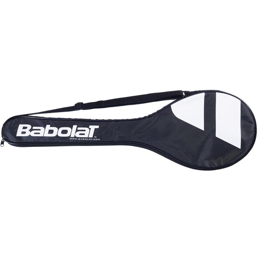 Introducing the Babolat Full Size Badminton Racket Cover Case in black, featuring a distinctive white Babolat logo and an adjustable shoulder strap engineered for ultimate comfort. This sleek and stylish cover is crafted to fit your rackets perfectly, providing a modern design.