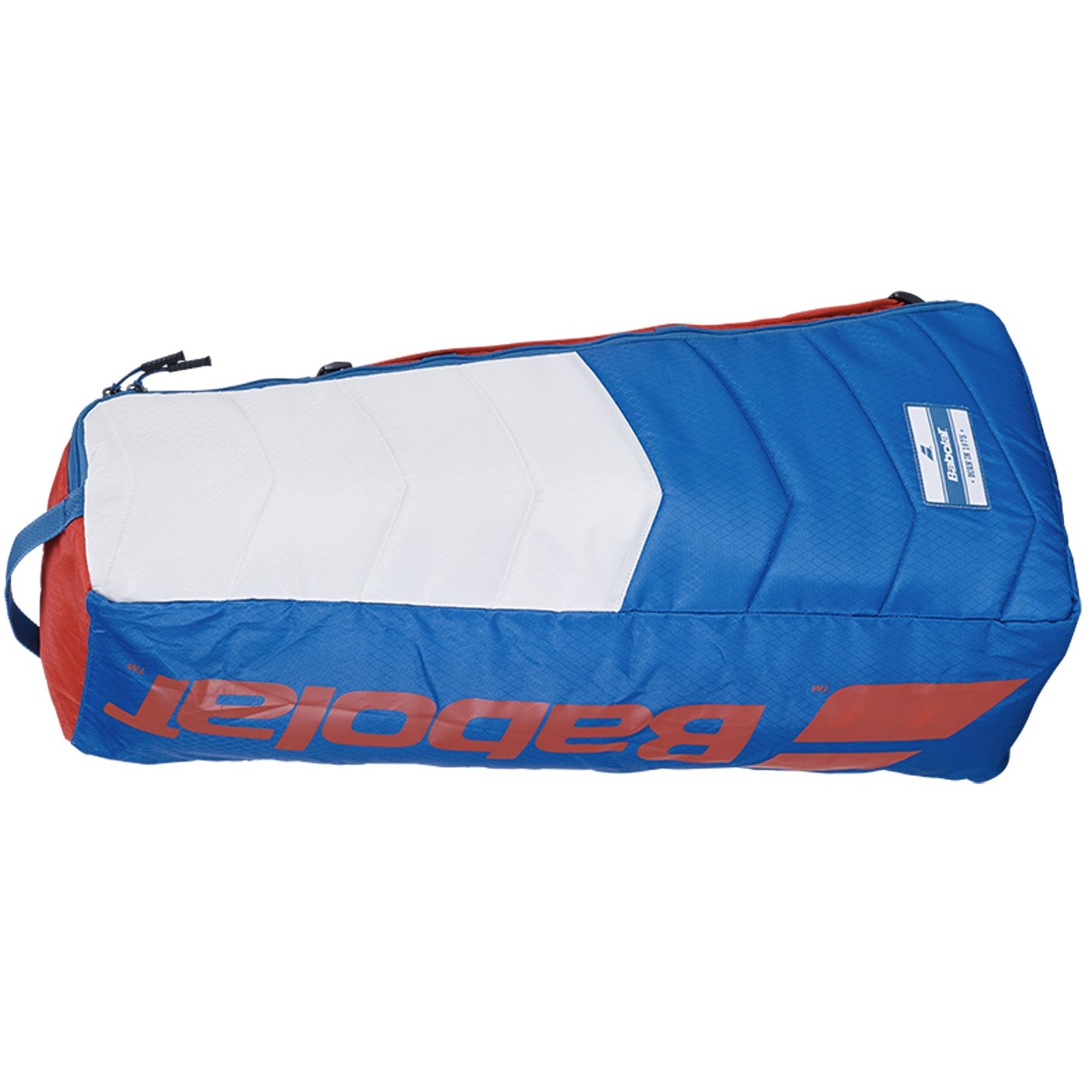 The Babolat RH6 Evo Drive Badminton 6 Racket Bag in white, blue, and red is perfect for badminton enthusiasts. It holds up to six rackets and includes a zippered compartment, carrying handles, and proudly showcases the iconic Babolat logo on its sleek design.