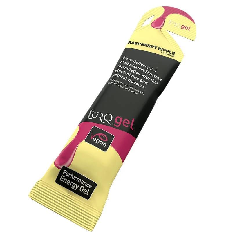 The Torq Gel Sachet - Raspberry Ripple, an energy gel packet with a vibrant yellow and black design, is infused with electrolytes and dual-transportable carbohydrates. It prominently features the terms "vegan" and "performance energy gel," along with the brand name "Torq.