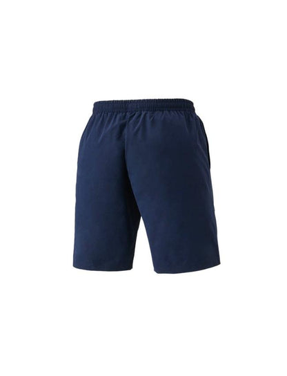 Yonex 15190EX Lee Chong Wei LCW Badminton Shorts in navy blue, featuring an elastic waistband and crafted with high-performance technologies. Displayed on a plain white background, these shorts offer a simple, casual design suitable for everyday wear while benefiting from UV reduction.