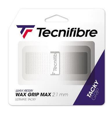 The Tecnifibre Wax Max Replacement Badminton Grip - White is presented in a package with a white background and striking purple accents, featuring the grip's logo. It highlights "Ultimate Tacky" and "2.1 mm," promising superior tackiness, maximum grip, and exceptional durability for enduring performance.