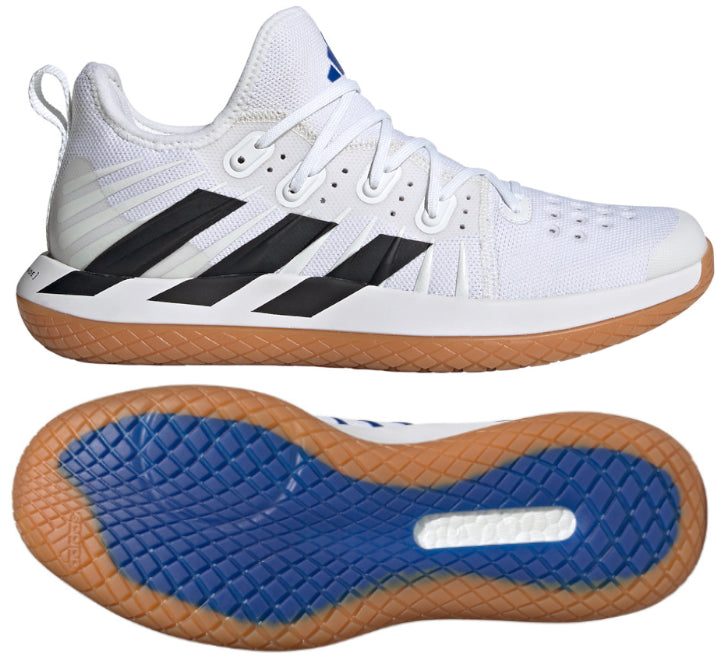 Introducing the ADIDAS Stabil Next Gen Primeblue Men's Badminton Shoes in Cloud White and Core Black. These athletic shoes boast black diagonal stripes and a gum-colored rubber sole, ideal for indoor court badminton. The upper shoe is showcased from the side, while the lower part highlights a textured blue BOOST-enhanced sole. Complemented by white laces, they offer a classic style.