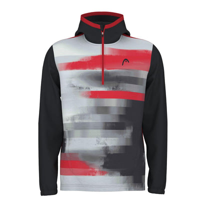 The HEAD Vision Topspin Men's Badminton Hoodie - BKXV by HEAD is designed with moisture-wicking microfibre and features a half-zip front. It showcases a vibrant glitch print with an abstract pattern of horizontal red, gray, and white lines on the torso, offering a striking contrast to its sleek black sleeves and hood.