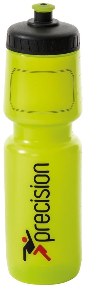 Introducing the Precision 750ml Water Bottle in a vibrant lime green shade: a sports bottle with a sleek screw top design. It features "Precision" printed vertically in black, accompanied by an eye-catching red and black abstract logo depicting a person in motion.