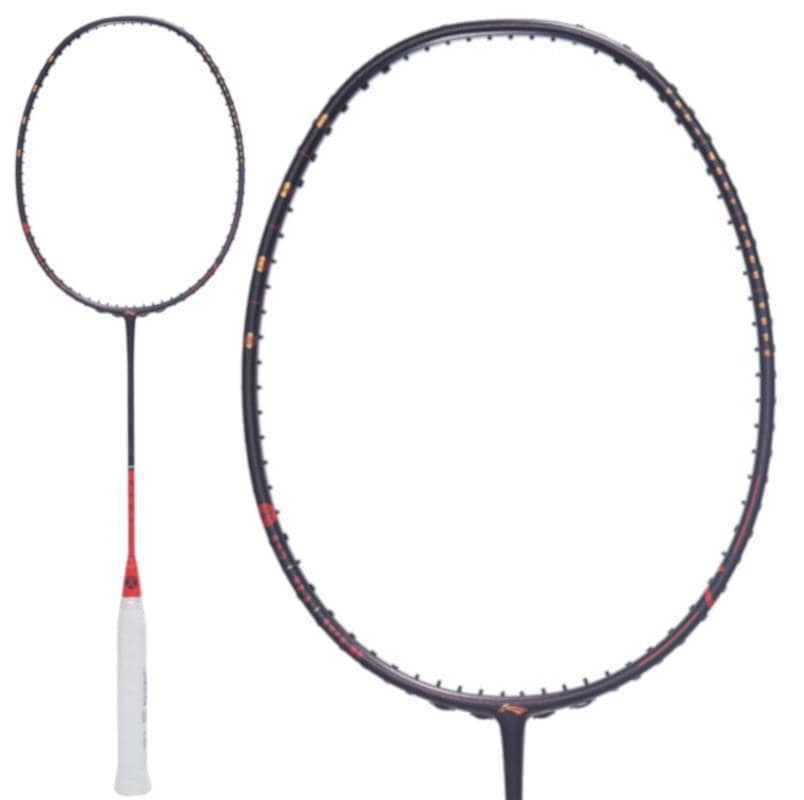 A close-up image of a Li-Ning Limited Edition 'Fire' 4U Badminton Racket Box Set, featuring a black frame and white handle from the Art of War series. The strings made from MED High Modulus Carbon Fibre are visible, along with a partial view of the shaft showcasing striking red accents.