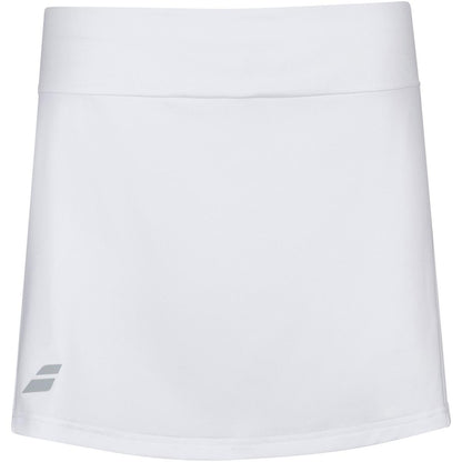 The Babolat Play Women's 2023 Badminton Skirt showcases a sleek, minimalist design with FIBERDRY technology. Its white, slightly A-line silhouette is adorned with a discreet logo on the lower left corner, providing both style and comfort on or off the court.