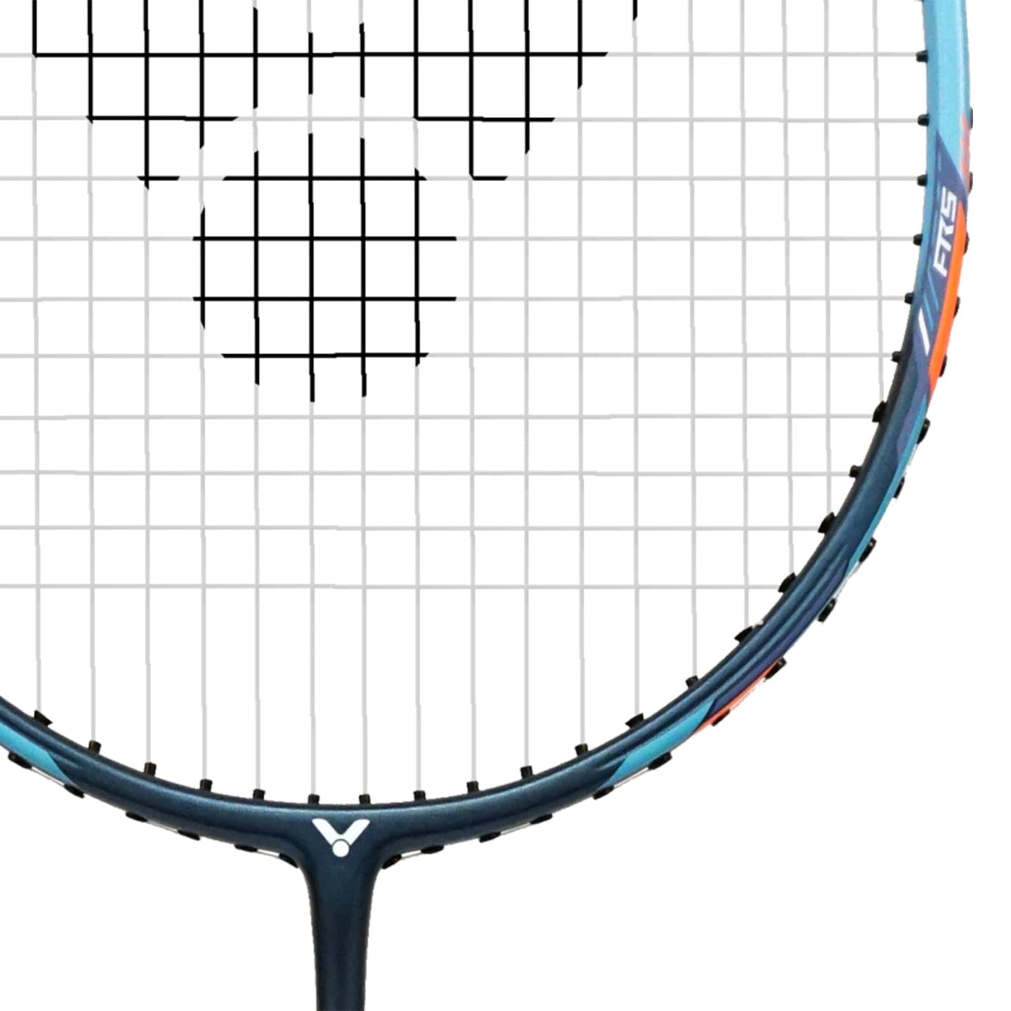 Close-up of a Victor Thruster K 12 M badminton racket featuring its intricate string grid pattern and vibrant blue and orange frame, enhanced by the Power Box System for optimal performance.