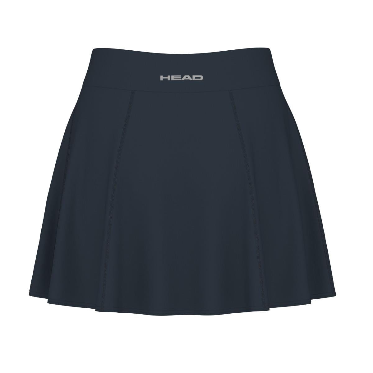 A navy badminton skort with a broad waistband and subtle pleating, featuring inner shorts for added comfort. The brand name "HEAD" is displayed in white on the waistband. Its clean, athletic design ensures moisture transfer, making it perfect for intense matches.