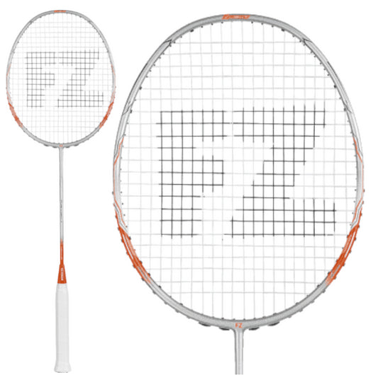 Introducing the FZ Forza Pure Light 7 Badminton Racket by FZ Forza, crafted from ultra high modulus graphite for exceptional performance. This advanced sports equipment boasts a silver frame accented in orange and features a white grip. The strings proudly display the iconic "FZ" letters, and its oval-shaped head is meticulously designed for optimal play. A close-up reveals the precision craftsmanship behind this impressive racket.