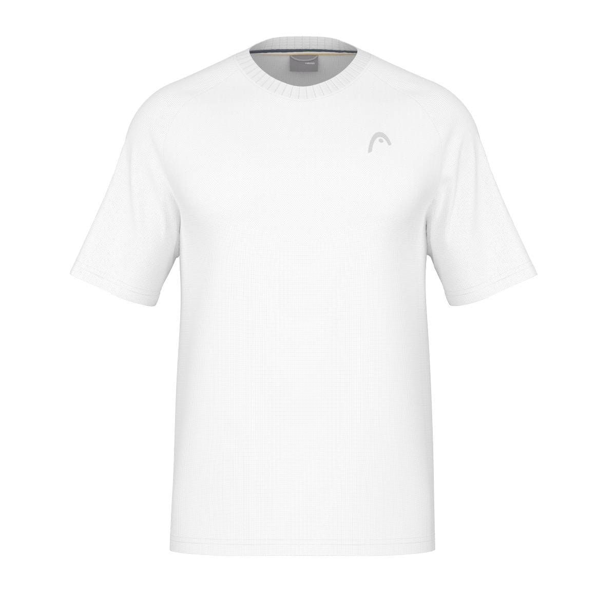 The HEAD Performance Men's Badminton T-Shirt in white showcases a subtle gray logo on the left chest. Made from Moisture Transfer Microfibre, it keeps you cool and comfortable. It's presented on a plain white background.