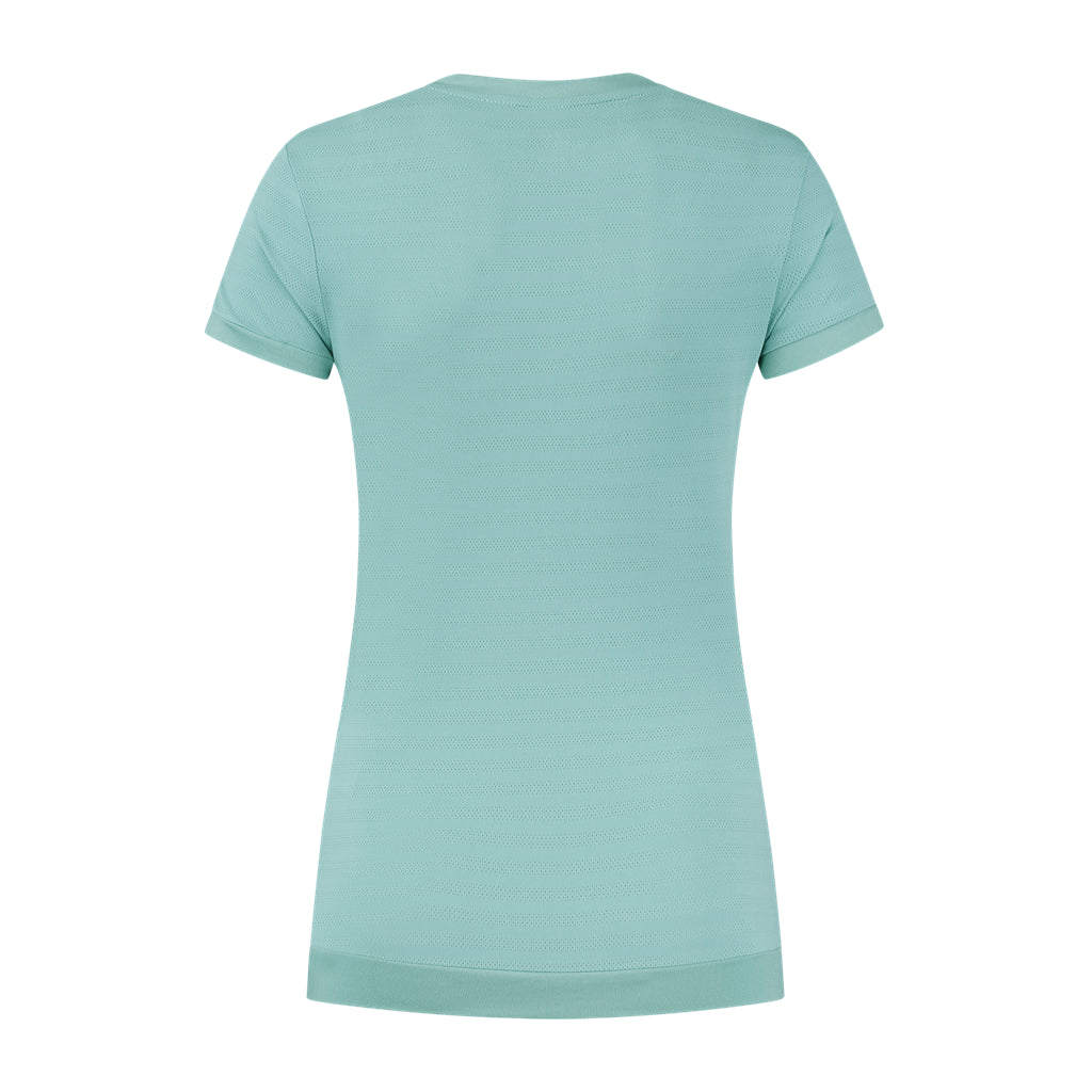 A Nile blue women's badminton top with short sleeves and a V-neck, viewed from the back, is part of the K-Swiss Tac Hypercourt collection. It features a simple design and appears to be made of soft, breathable fabric.