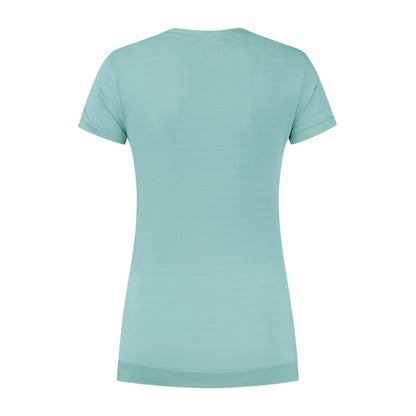 A Nile blue women's badminton top with short sleeves and a V-neck, viewed from the back, is part of the K-Swiss Tac Hypercourt collection. It features a simple design and appears to be made of soft, breathable fabric.