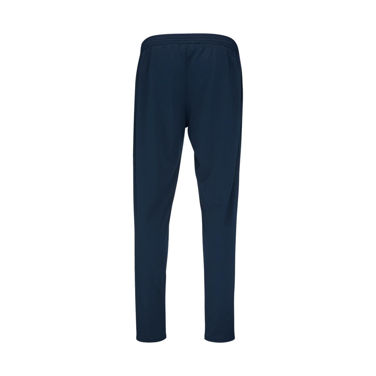 The HEAD Club Men's Easy Court Tracksuit in dark blue, viewed from the back against a white background, boasts an elastic waistband and a straight-leg design crafted with Moisture Transfer Microfibre for exceptional comfort. These pants ensure you remain stylish and cool during any training session.