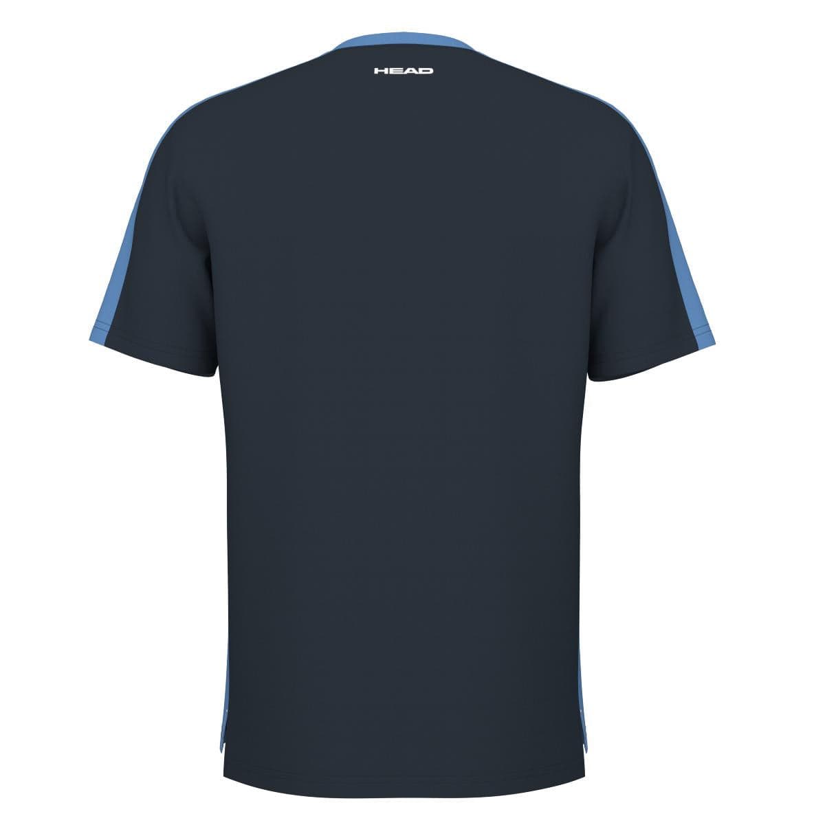 A back view of the navy HEAD Vision Slice Men's Badminton T-Shirt displays light blue accents on the sleeves and sides. The brand name "HEAD" is elegantly printed in white near the collar, highlighting its dedication to style and quality.