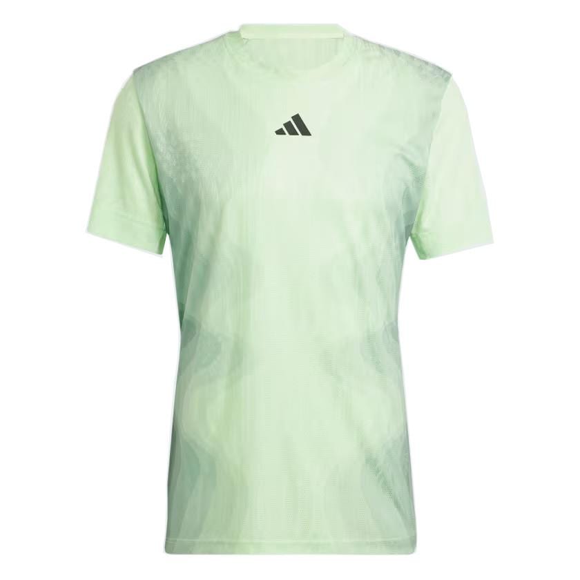 A green ADIDAS Melbourne Men's Pro Badminton T-Shirt by adidas, made from recycled polyester, showcasing a subtle wavy pattern and a small triangular logo on the chest.