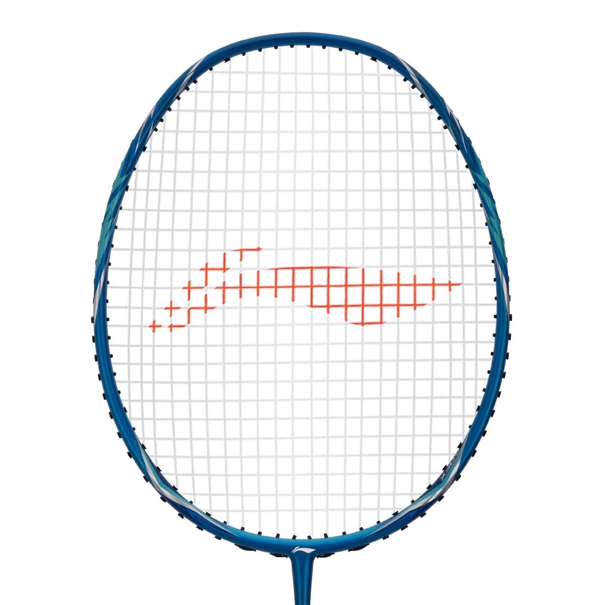 Close-up of the Li-Ning BladeX Sonar 3U Badminton Racket in blue with white strings, perfect for intermediate players. It showcases an orange swoosh-like pattern on the string bed and is equipped with a shock absorption system. The image features the product isolated on a white background.