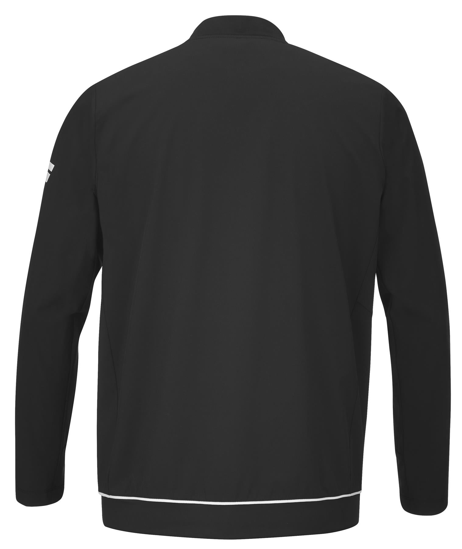 The Babolat Play Men's Badminton Jacket in black is crafted from recycled polyester and sports long sleeves and a stand-up collar. The back view reveals its minimalist design, highlighted by a subtle logo on the right sleeve and a white trim near the bottom hem for an extra touch of style.