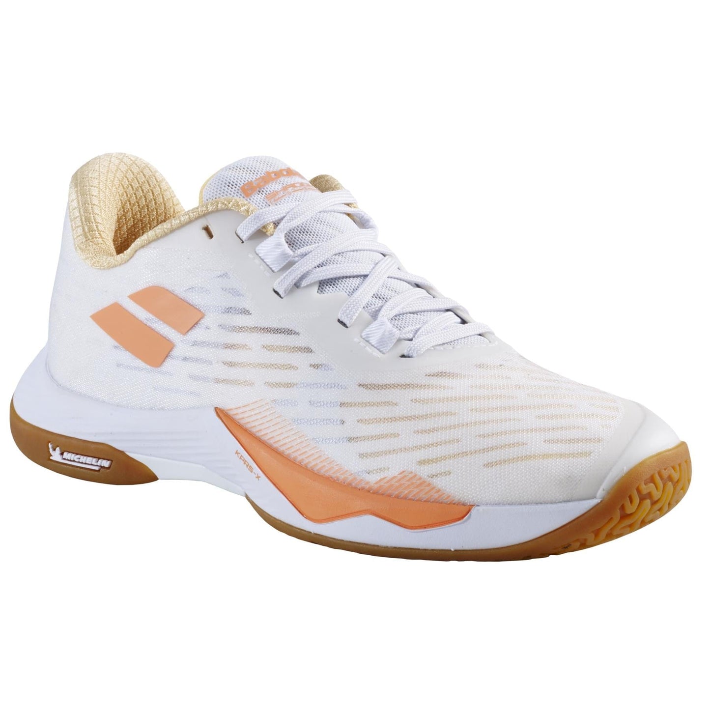 Introducing the Babolat Shadow Tour 5 Women's Badminton Shoes in White and Yellow. These shoes boast a lace-up design with subtle branding on both the side and tongue. They feature a textured gum sole and offer a lightweight feel, complete with a cushioned heel and inner lining to ensure comfort and support during play.