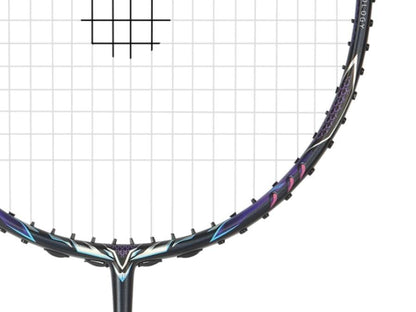 Close-up of the Victor Thruster Ryuga II Pro 4U racket head, showcasing a taut grid string pattern and intricate design in vibrant Mazarine Blue and purple on the frame with detailed elements near the throat against a plain white background.