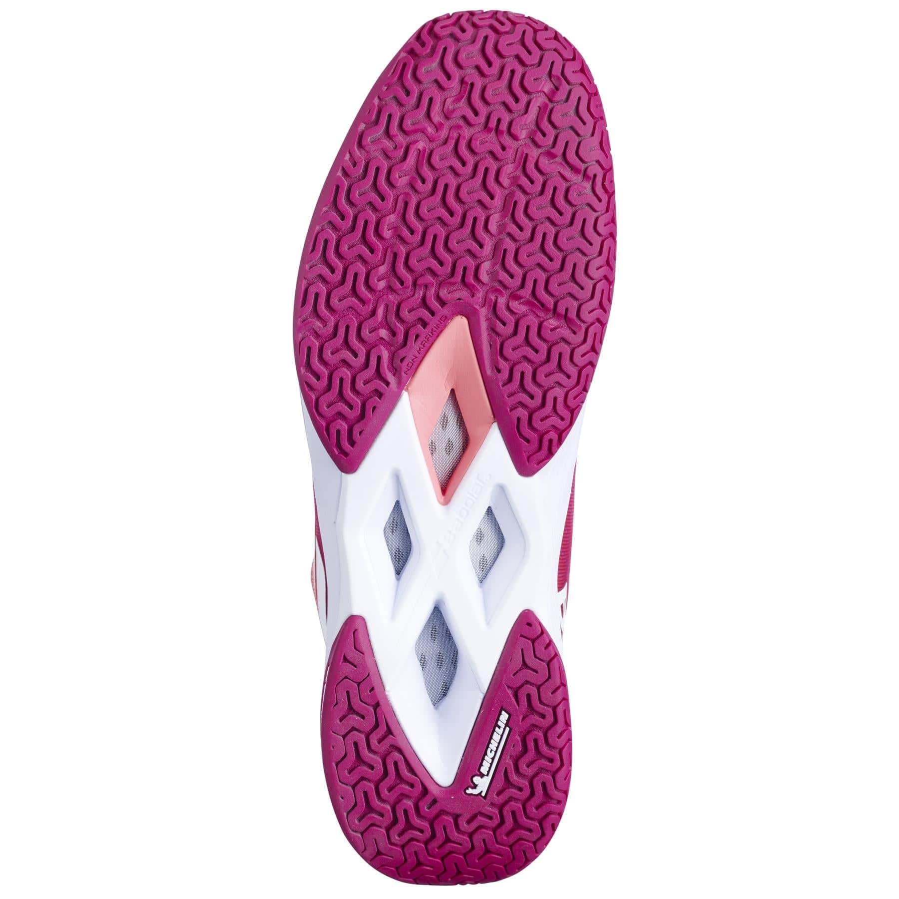 The Babolat Shadow Tour 5 Women's Badminton Shoes - Raspberry by Babolat offer a lightweight and breathable design, featuring a stylish raspberry hue perfect for women's badminton footwear.