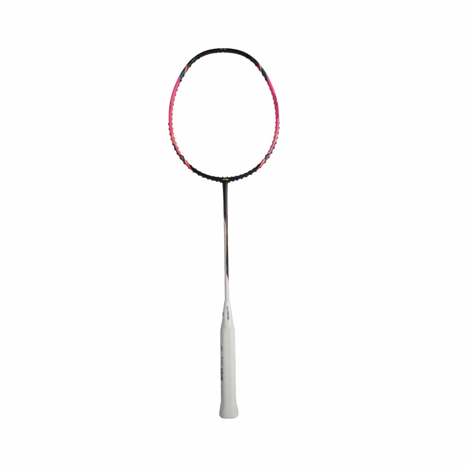 A Li-Ning Halbertec Motor 5U Badminton Racket in pink, designed for lightweight and balanced performance, is photographed on a white background.