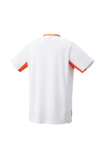 The Yonex 10576 Crew Neck Men's Badminton T-Shirt in white, featuring short sleeves with orange accents on the sides and sleeve ends, is designed with VeryCool Dry technology for enhanced comfort. The back of this stylish sports jersey is elegantly displayed against a plain background.