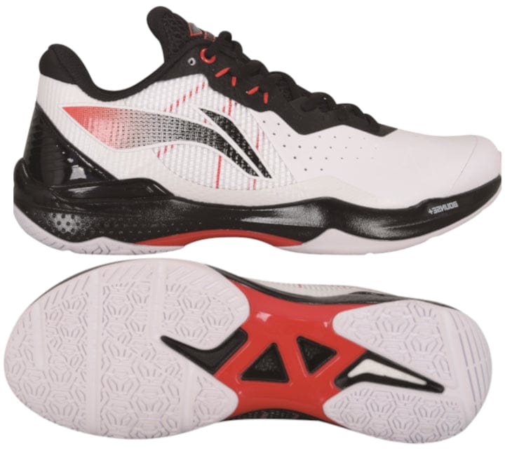 Introducing the Li-Ning Thunder Men's Badminton Shoes, featuring a dynamic white and black color scheme. These sports sneakers incorporate Bounce+ Technology and showcase a sleek design with intricate side patterns and a textured sole for superior grip. The top view reveals their lace-up design complemented by angular details.