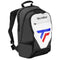 The Tecnifibre Tour Endurance 2023 Badminton Backpack in white and black highlights a bold front pocket with a colorful geometric logo in red, blue, and black. Designed for racket sports enthusiasts, it features adjustable shoulder straps, multiple compartments, and a robust waterproof construction.