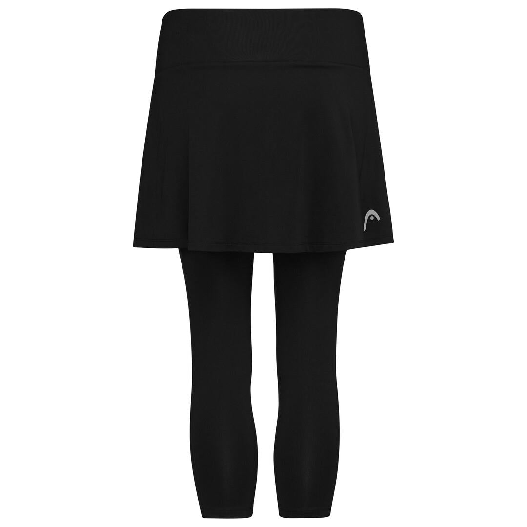 The HEAD Womens Club 3/4 Tights Badminton Skort in black features attached full-length leggings and a subtle logo on the right side. The wide waistband ensures comfort, while the moisture transfer microfibre fabric makes it ideal for athletic activities.
