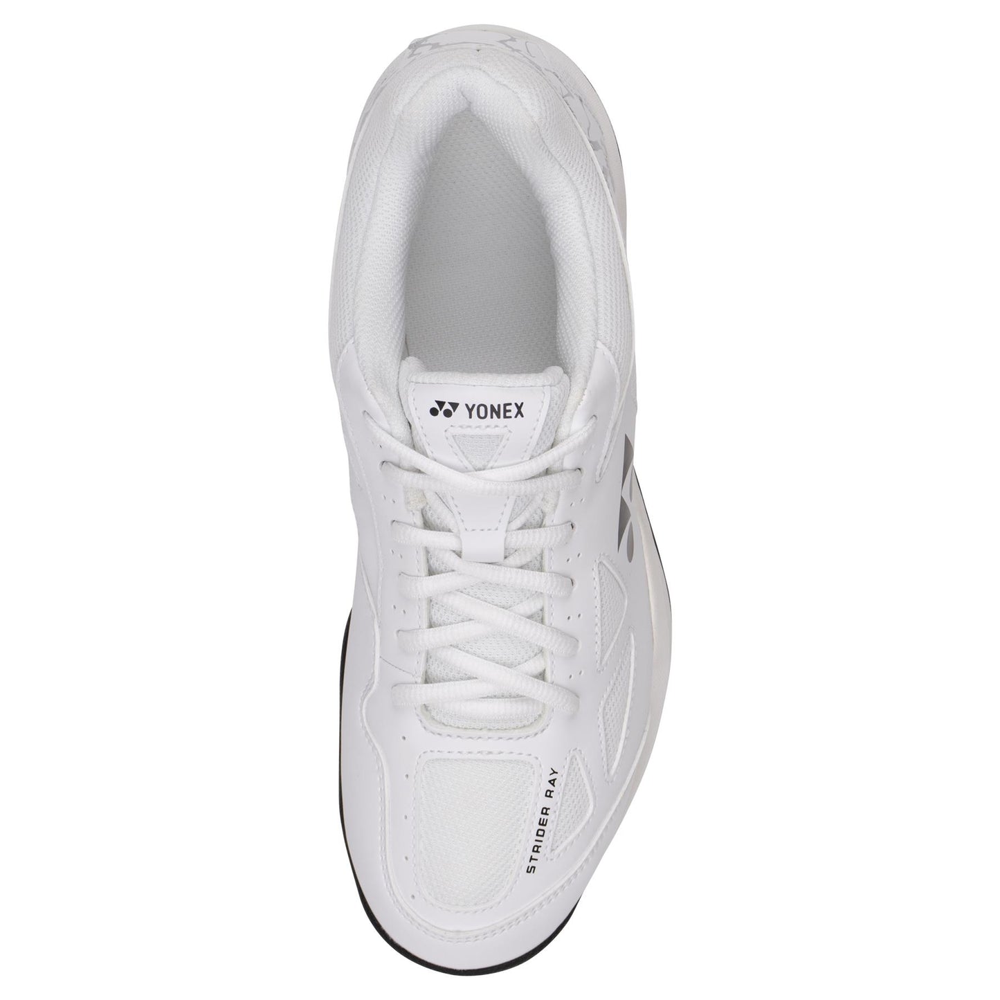 Top view of a Yonex Power Cushion Strider Ray Men's Badminton Shoe in white, showcasing a lace-up design with the Yonex logo on the tongue. This sneaker incorporates Power Cushion technology and exhibits clean, minimalist lines, making it perfect for both sports and casual wear.