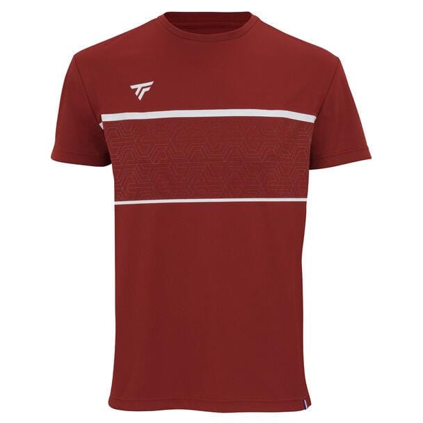 Introducing the Tecnifibre Men's Team Tech Badminton T-Shirt in Cardinal: an athletic tee made from polyester knit for enhanced freedom of movement. It showcases two white horizontal stripes across the chest, with the lower stripe featuring a subtle geometric pattern. A small logo is positioned on the left shoulder.