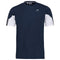 The HEAD Club 22 Men's Tech Badminton T-Shirt in dark blue, designed by HEAD, showcases short sleeves and color-blocked inserts with white panels. It is equipped with moisture-wicking technology and is adorned with a small logo on the upper left chest for a sporty appearance.