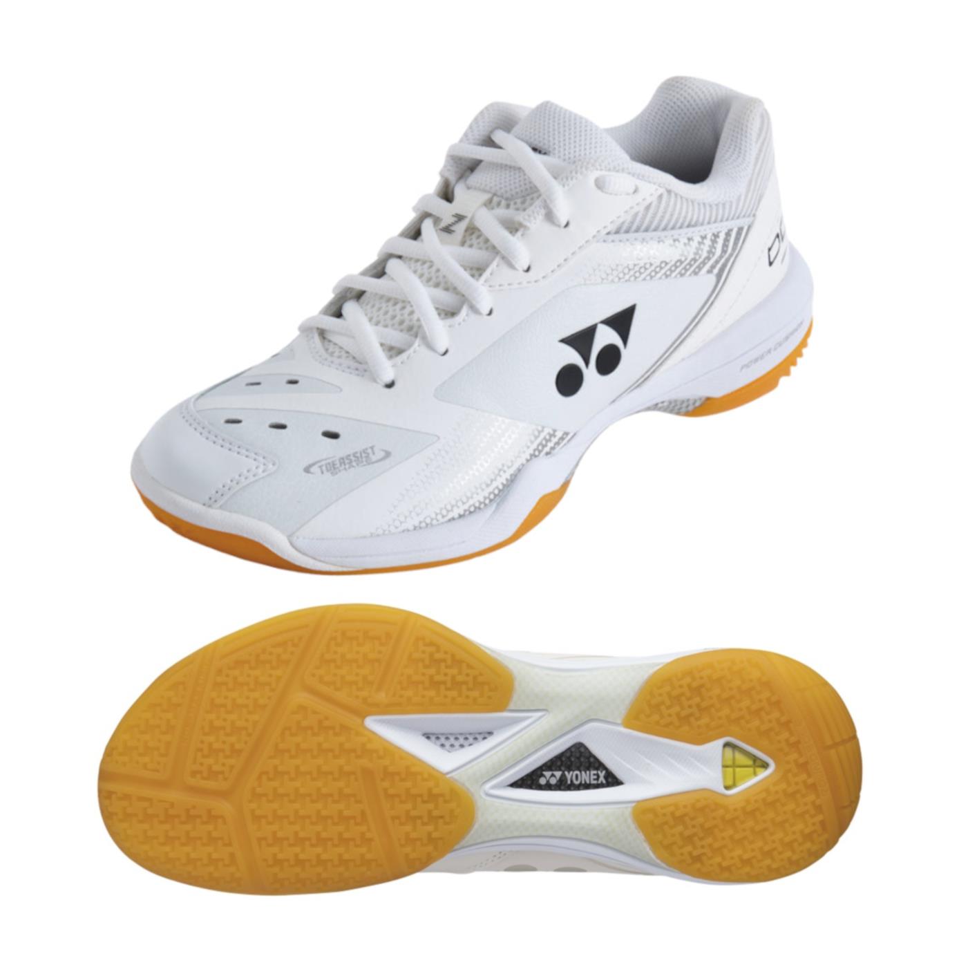 Introducing the Yonex Power Cushion 65Z3 Men's Badminton Shoes in white. These lace-up shoes feature the iconic Yonex logo on the side and offer an exceptionally comfortable fit. The patterned sole ensures excellent traction, while top and sole views are available for a closer look.