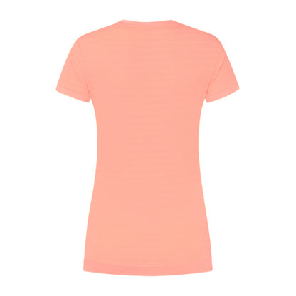 Back view of the K-Swiss Tac Hypercourt Women's V-Neck Badminton Top in a light peach hue called Desert Flower, featuring short sleeves ideal for women seeking stylish and slimming sportswear. Its straightforward design enhances an active lifestyle, echoing the functional elegance characteristic of K-Swiss Hypercourt attire.