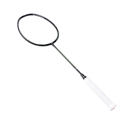 The Li-Ning Turbo Charging Marshal 4U Badminton Racket in black, featuring a white handle, is displayed against a plain white backdrop, offering improved power and control with every swing.