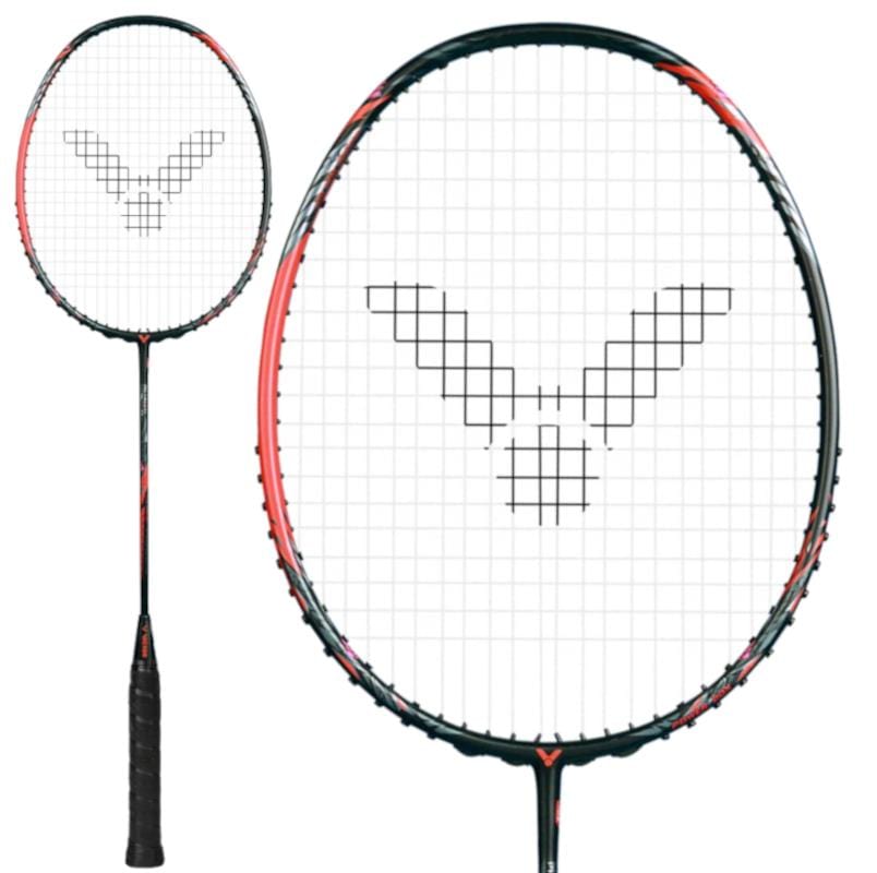 The Victor Thruster Ryuga Metallic C 4U Badminton Racket by Victor features a black handle, red accents, and a "V" inside a circle design on its strings. The image shows a close-up of the sleek metallic carbon fiber racket head.