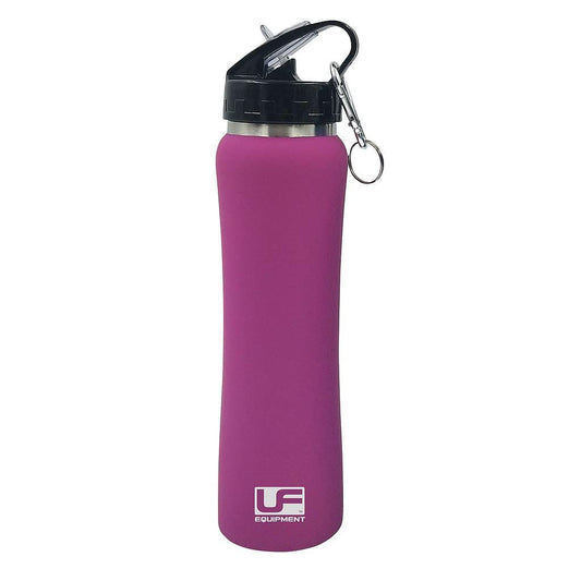 Presenting the Urban Fitness Cool Stainless Steel 500ml Water Bottle in an elegant Orchid color. It features a black flip-top lid and a metal carabiner, combining style and practicality. The bottle showcases a white "UF Equipment" logo at the bottom, offering both durability and sophistication.