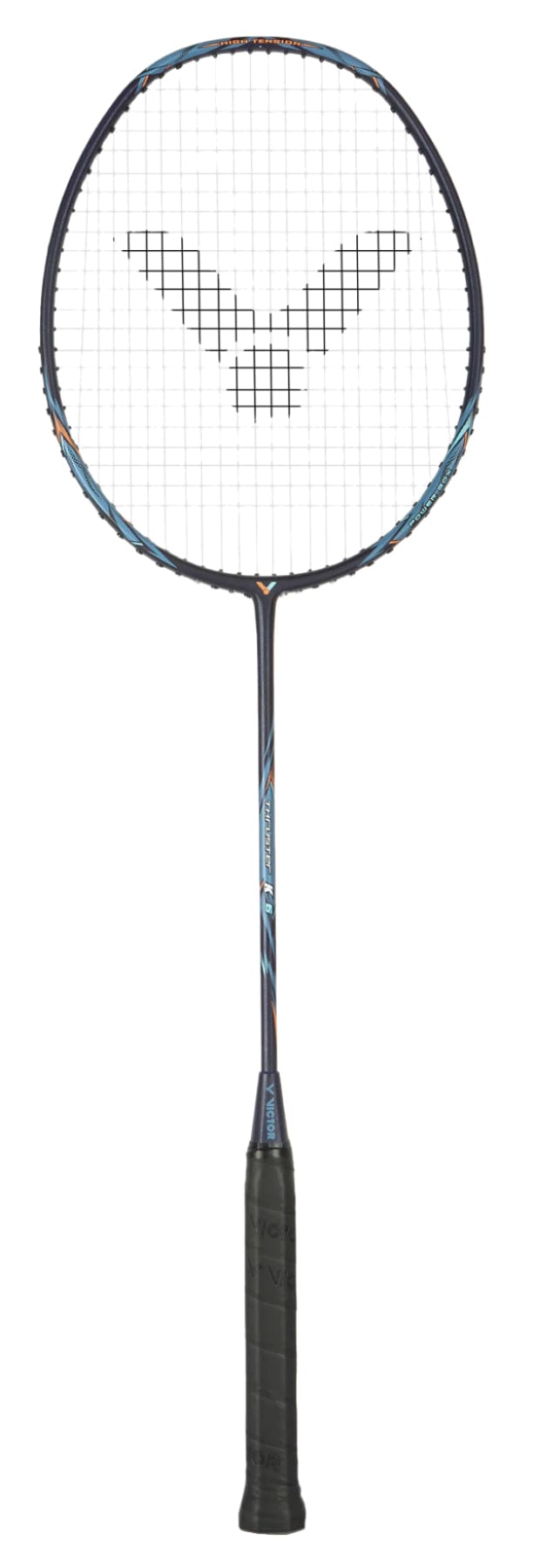 The Victor Thruster K 6 C 4U Badminton Racket - Moonless Night features a black handle and netted head with strings in a stylized black design. Blue and orange accents highlight its frame, enhanced by Power Box technology for top performance on a plain black background.