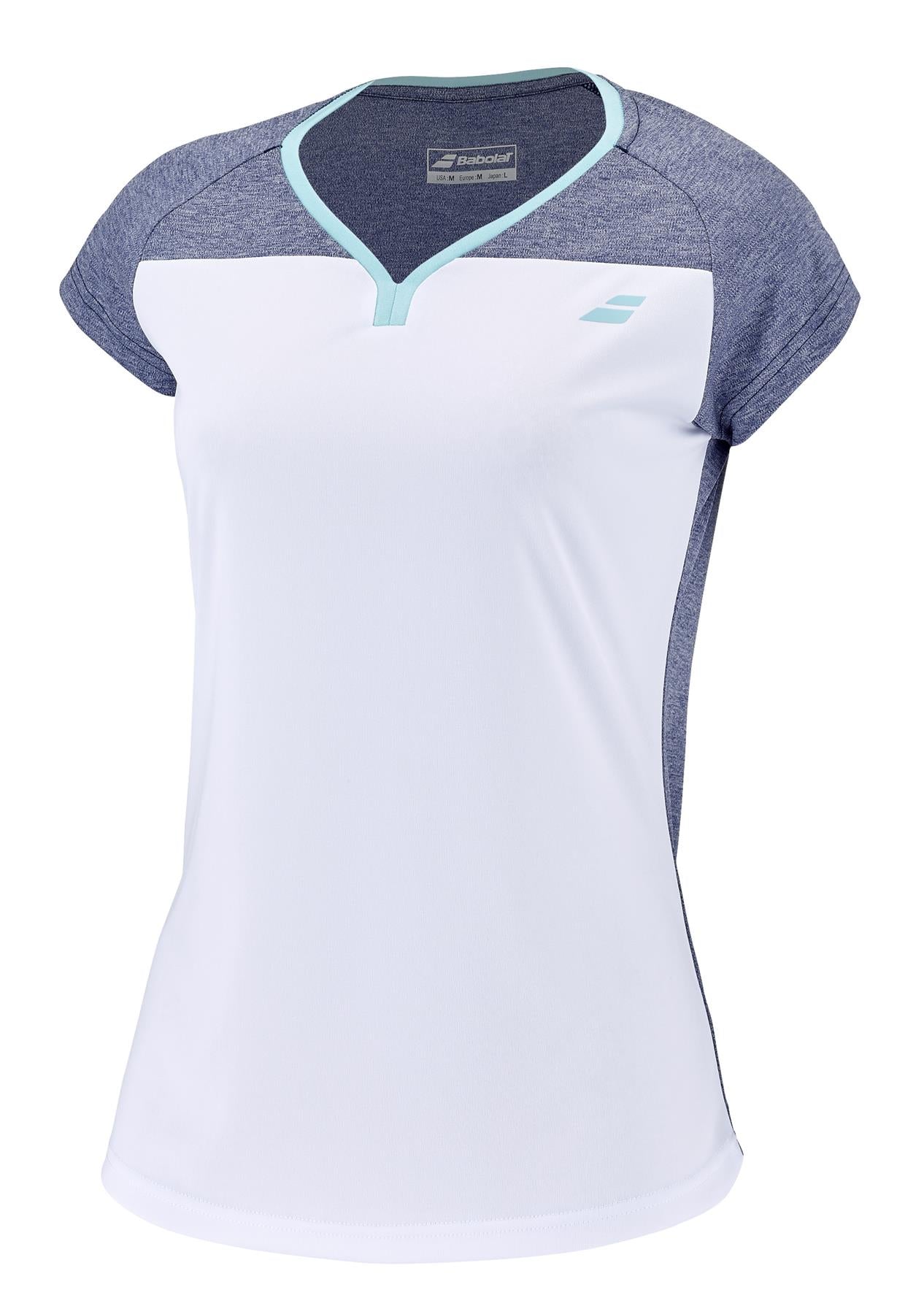 Babolat Play Womens Badminton Cap Sleeve Top - White / Blue Heather - Angle