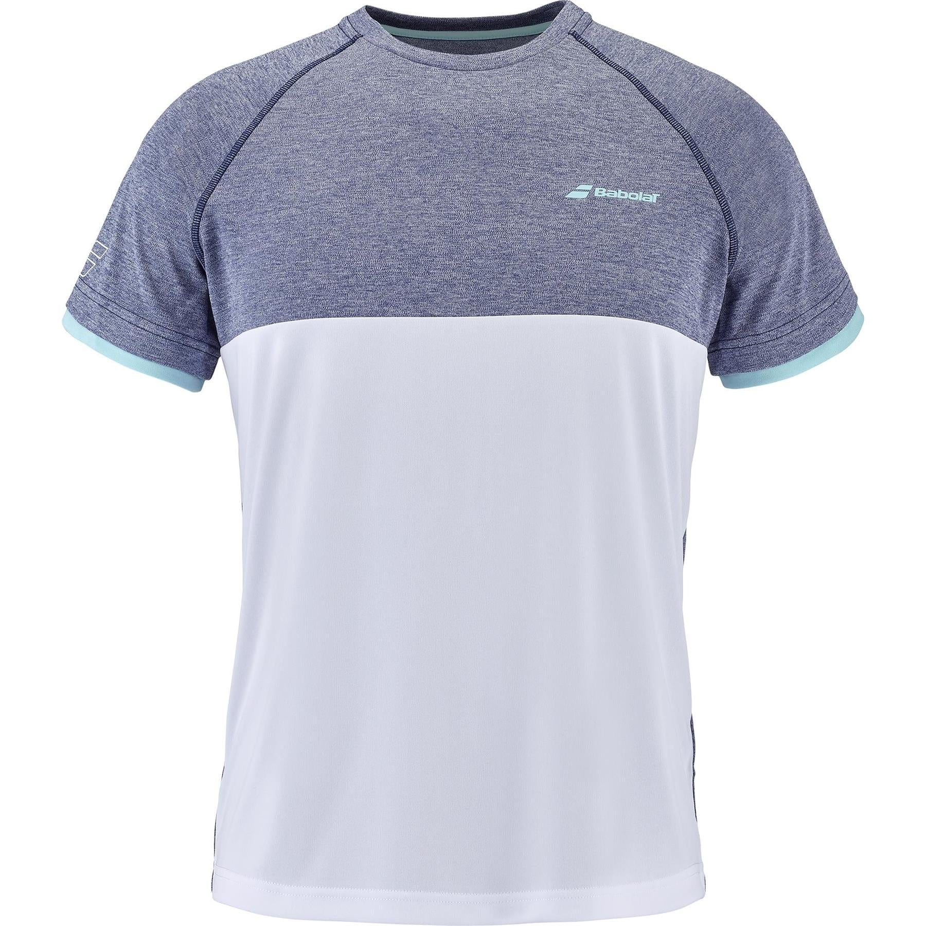 The Babolat Play Crew Neck Men's Badminton T-Shirt in White and Blue Heather features a heathered blue top section and a solid white bottom, complete with a small logo on the chest. Crafted for performance with Fiber Dry-polyester, it provides a slim fit and light blue trim on the sleeves, perfect for Babolat Play enthusiasts.