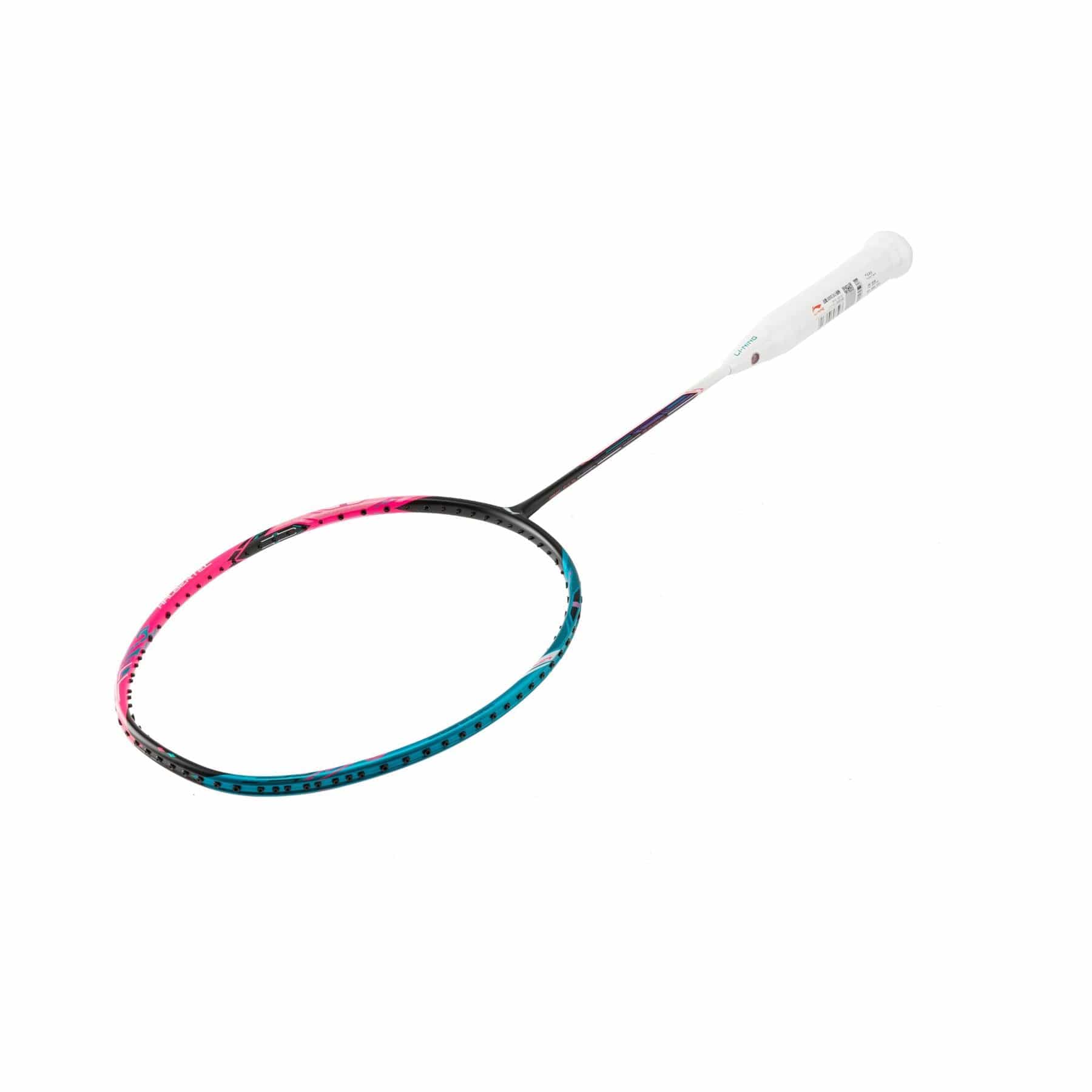 The Li-Ning Halbertec 8000 3U Badminton Racket features a white handle and circular head made from military-grade carbon fiber. The Capri Breeze and Neon Iridescent Pink hues of the multicolored head nicely complement its black shaft, all set against a plain white background.